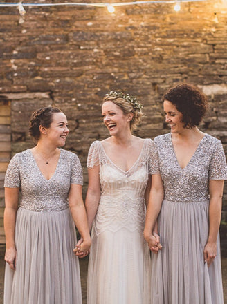 A-line V-neck Short Sleeves Sequin Top Long Tulle Bridesmaid Dresses, BD0594