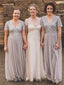 A-line V-neck Short Sleeves Sequin Top Long Tulle Bridesmaid Dresses, BD0594