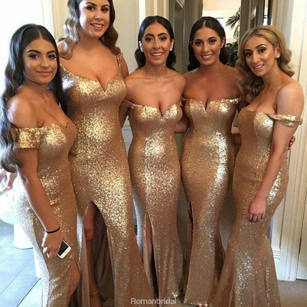 Newest Off-shoulder V-neck Golden Sequins Sexy High Split Bridesmaid Dresses, BD0533