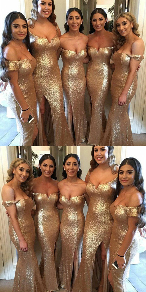 Newest Off-shoulder V-neck Golden Sequins Sexy High Split Bridesmaid Dresses, BD0533