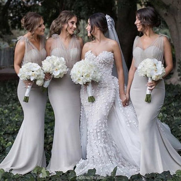 Mermaid V-Neck Backless Sweep Train Tulle Long Evening Prom Gowns, Bridesmaid Dress, BD0485