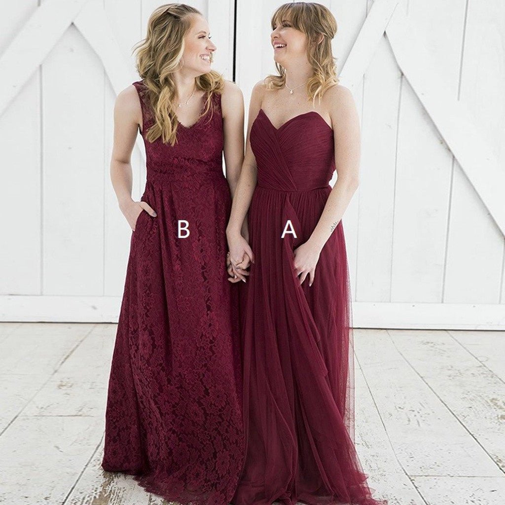 Sweetheart Burgundy Full Lace Long Tulle Bridesmaid Dress, BD0502