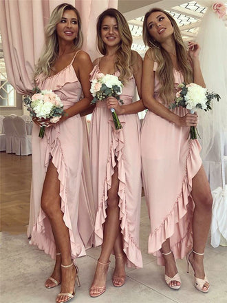 Spaghetti Straps Ruffles Sexy Bridesmaid Dresses With Split, BD0596