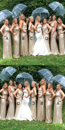 Floor-length Spaghetti Straps V-neck Gold Sequins Long Bridesmaid Dresses, BD0526