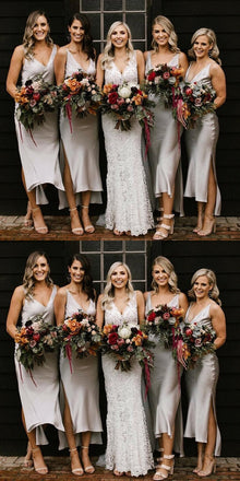 Sheath V-neck Simple Cheap Silver Short Bridesmaid Dresses With Split, BD0599