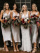 Sheath V-neck Simple Cheap Silver Short Bridesmaid Dresses With Split, BD0599