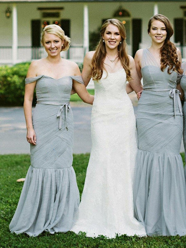 Mermaid Off-shoulder Long Tulle Bridesmaid Dresses With Pleats, BD0600