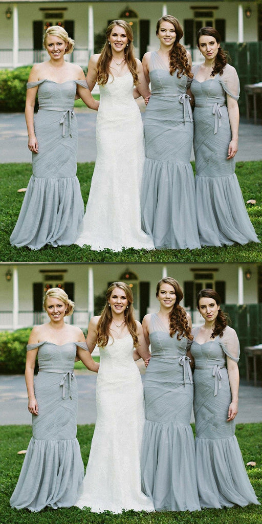 Mermaid Off-shoulder Long Tulle Bridesmaid Dresses With Pleats, BD0600