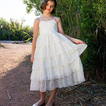 Simple Design Ivory Lace Spaghetti Flower Girl Dresses, FG040