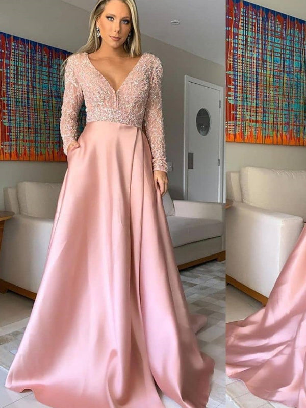 Simple A-Line V-Neck Pink Cheap Long Prom Dresses,RBPD0111