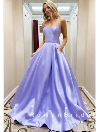 Simple A-Line Spaghetti Straps Satin Cheap Long Prom Dresses Online,RBPD0028