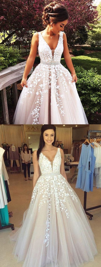 Charming A-line Floor-length V-neck White Lace Appliques Tulle Prom Dresses, PD0564