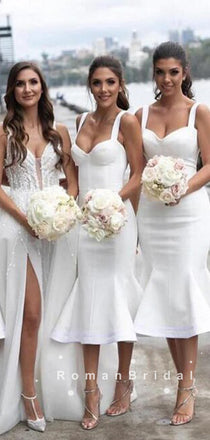 Mermaid Straps Sweetheart White Short Bridesmaid Dresses With Ruffles,RBWG0029