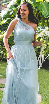 Floor-length Cheap Country style tulle One-shoulder long bridesmaid dresses , BD0426