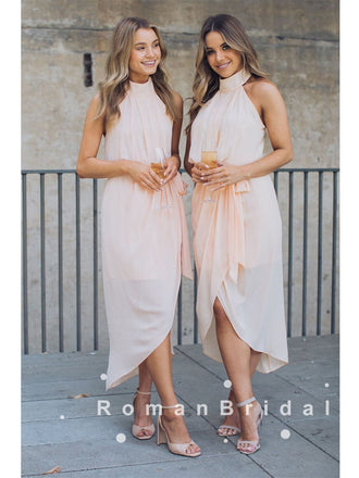 A-Line High Neck Sleeveless Side Slit Chiffon Tea Length Bridesmaid Dresses With Pleats,RBWG0002