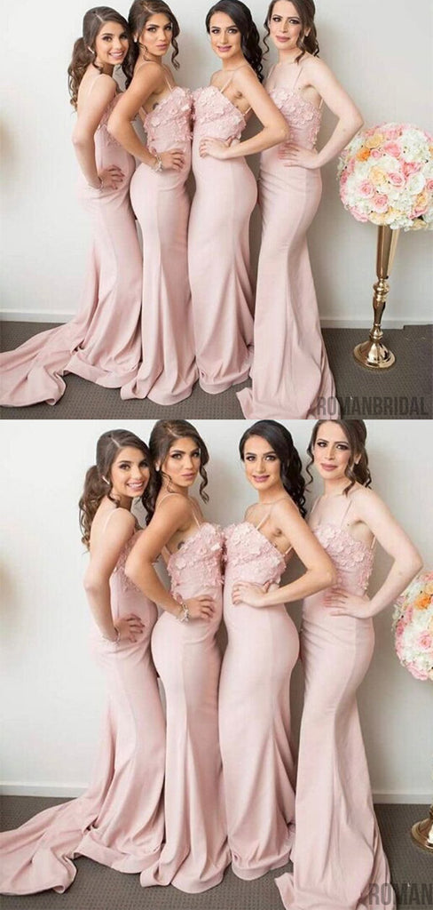 Newest Spaghettis Straps Backless Appliques Mermaid Sleeveless Pink Bridesmaid Dresses, BD0417