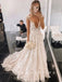 A-Line Deep V-Neck Cap Sleeves Tulle Wedding Dresses With Appliques,RBWD0002
