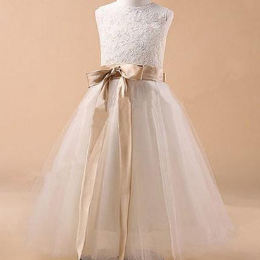 Round Neck Sleeveless Lace Top Tulle Flower Girl Dresses With Bow, FG0134