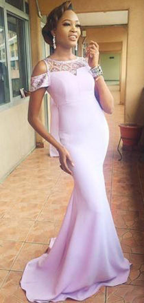 Mermaid Off Shoulder Lace Scoop Light Purple Long Bridesmaid Dress With train, BD0520