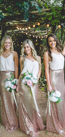 Two pieces Cheap Country Rose Gold Sequins  V-Neck Sleeveless long bridesmaid dresses , BD0423