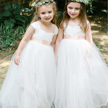 New Arrive Sweetheart Cap-sleeves Long Tulle Flower Girl Dresses, FG0137