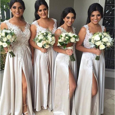 Newest A-line Floor-length Sexy Lace Appliques High Front Split bridesmaid dresses, BD0446