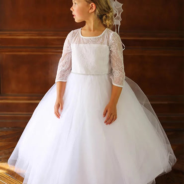 Newest Round Neck Lace 3/4 Sleeves Tulle Flower Girl Dresses, FG0138