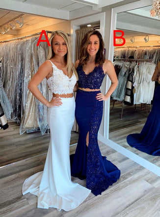 Two pieces Ivory Lace Long Prom Dresses With Split, PD0758