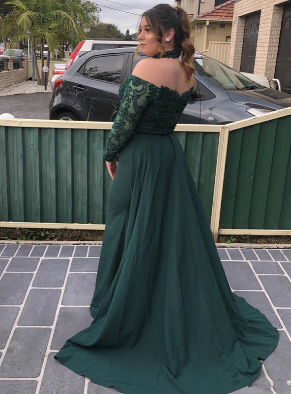 Off-shoulder Long Sleeves Green Lace Prom Dresses, PD0760