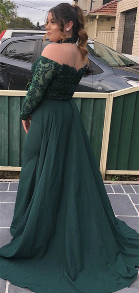 Off-shoulder Long Sleeves Green Lace Prom Dresses, PD0760