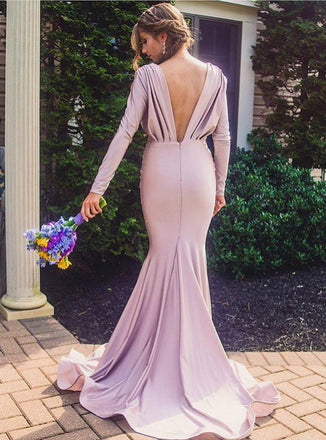 Mermaid Deep V-neck Long Sleeves Bridesmaid Dress With Pleats, BD0545