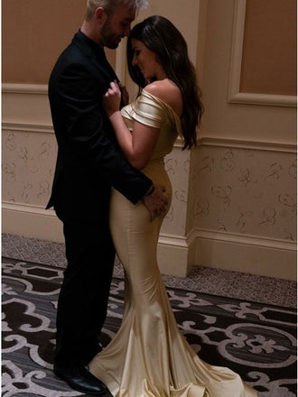 Mermaid Off-shoulder Gold Long Simple Bridesmaid Dress, BD0546