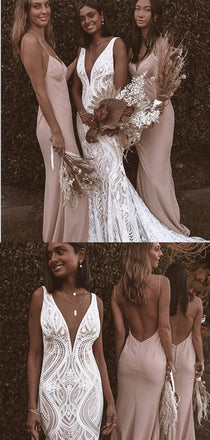 Charming Spaghetti Straps Open Back Long Bridesmaid Dresses, BD0567