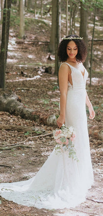 New Arrival Mermaid V-neck Appliques Sleeveless Lace Wedding Dresses, PD0418