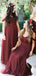 New Arrival Floor-length Burgundy Tulle Off the Shoulder Long Bridesmaid Dresses, BD0431