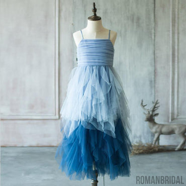Unique Spaghetti Blue Tulle Flower Girl Dresses, FG048