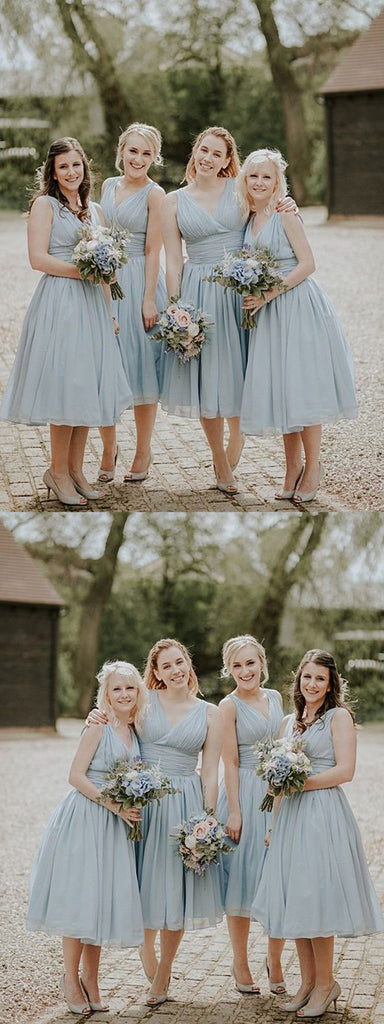 Stunning Chiffon V-neck Tea-length A-line Fitted Bridesmaid Dress With Pleats, BD0497