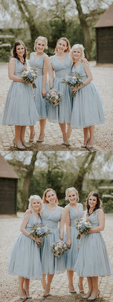 Stunning Chiffon V-neck Tea-length A-line Fitted Bridesmaid Dress With Pleats, BD0497