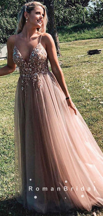 A-Line V-Neck Spaghetti Straps Tulle Long Prom Dresses With Beading,RBPD0003