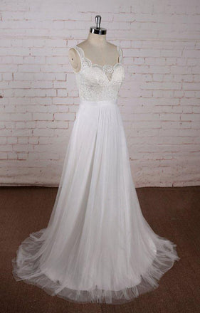 A-line V-neck Lace Top Tulle Skirt Sleeveless Simple Cheap Wedding Dress, WD0373