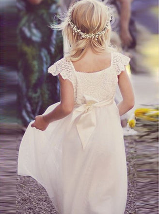 A-line Lace Top Short Sleeves Long Tulle Flower Girl Dresses, FG0152