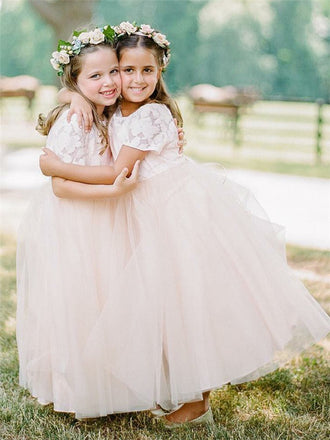 Round Neck Short Sleeves Long Tulle Flower Girl Dresses, FG0151