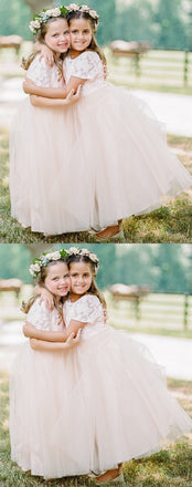 Round Neck Short Sleeves Long Tulle Flower Girl Dresses, FG0151