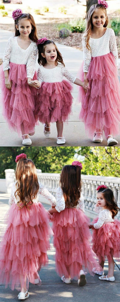 A-line Round Neck Lace Long Sleeves Tulle Flower Girl Dresses, FG0139