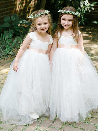 New Arrive Sweetheart Cap-sleeves Long Tulle Flower Girl Dresses, FG0137