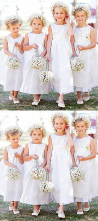 A-line Bateau Neck Sleeveless Simple White Satin Flower Girl Dresses, FG0146