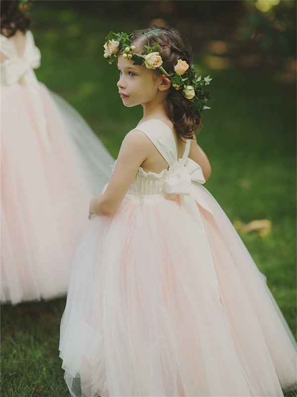 A-line Princess Sleeveless Pink Tulle Flower Girl Dresses With Bow, FG0145