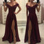 Off-shoulder Burgundy High Split Simple Cheap Prom Dress, PD0636