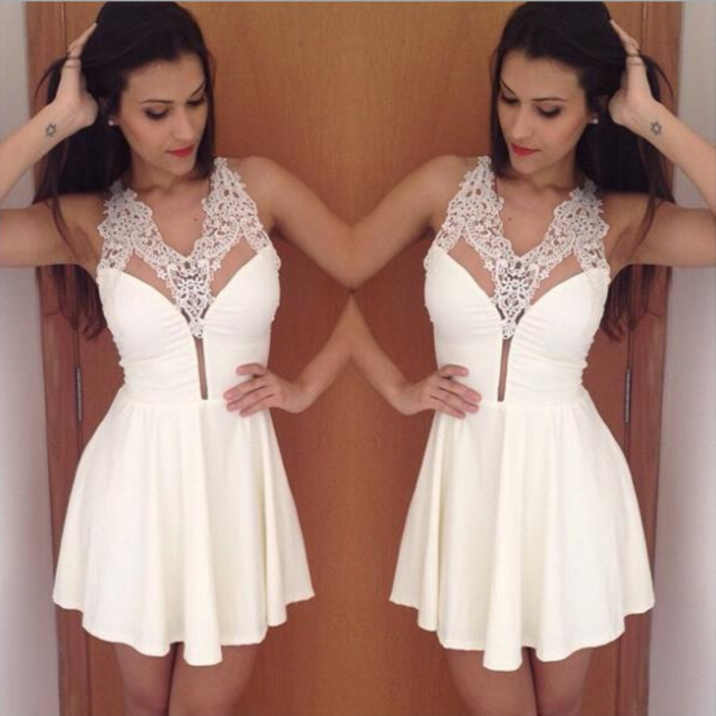 Simple Sexy White Lace Appliques Deep V-neck Mini Homecoming Dresses, HD0387