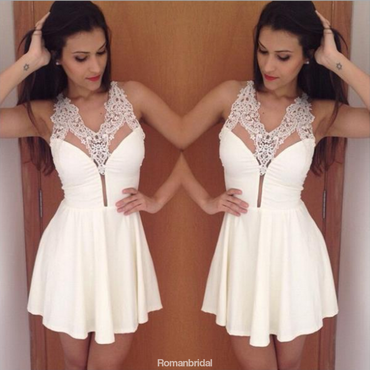 Simple Sexy White Lace Appliques Deep V-neck Mini Homecoming Dresses, HD0387